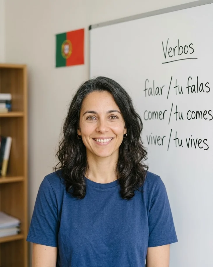 Sandra, the European Portuguese tutor, in a classroom beside a whiteboard reading Verbos — falar / tu falas, comer / tu comes, viver / tu vives